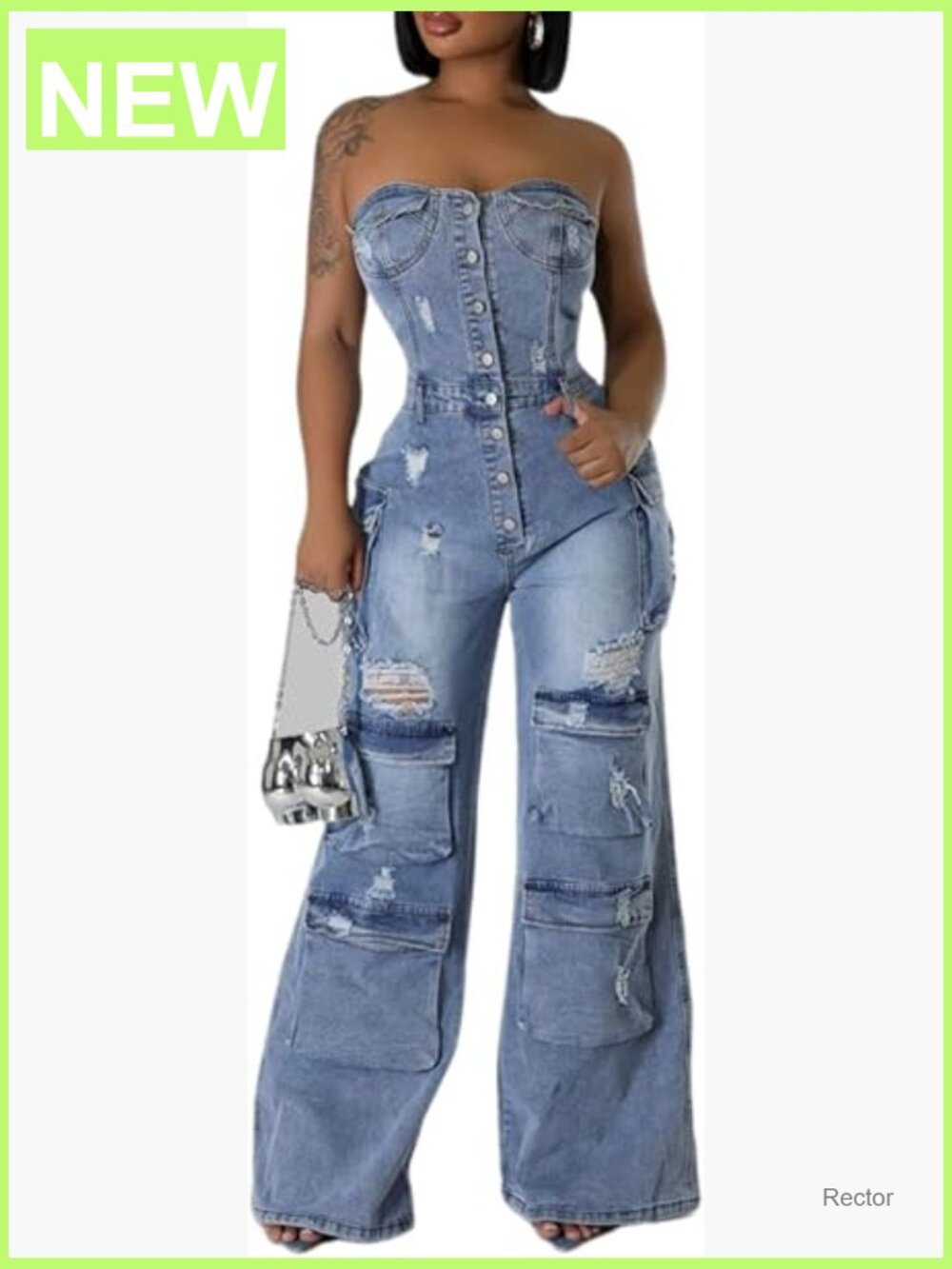 Wide Leg Cargo Jumpsuit with Pockets - Strapless Jean Romper